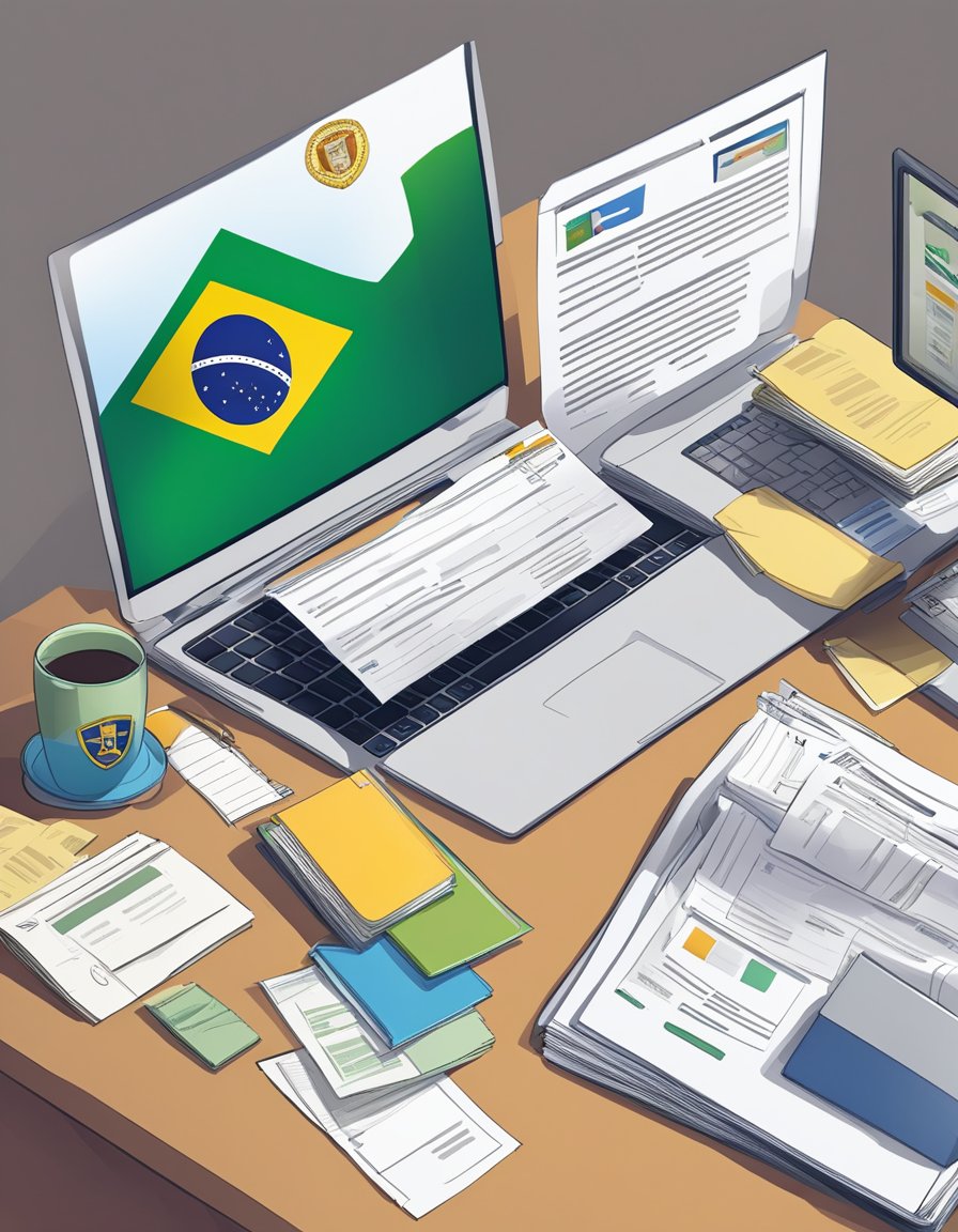 A cluttered desk with various official documents and a computer displaying a website for "Certidões Emitidas por Cartórios" in Brazil