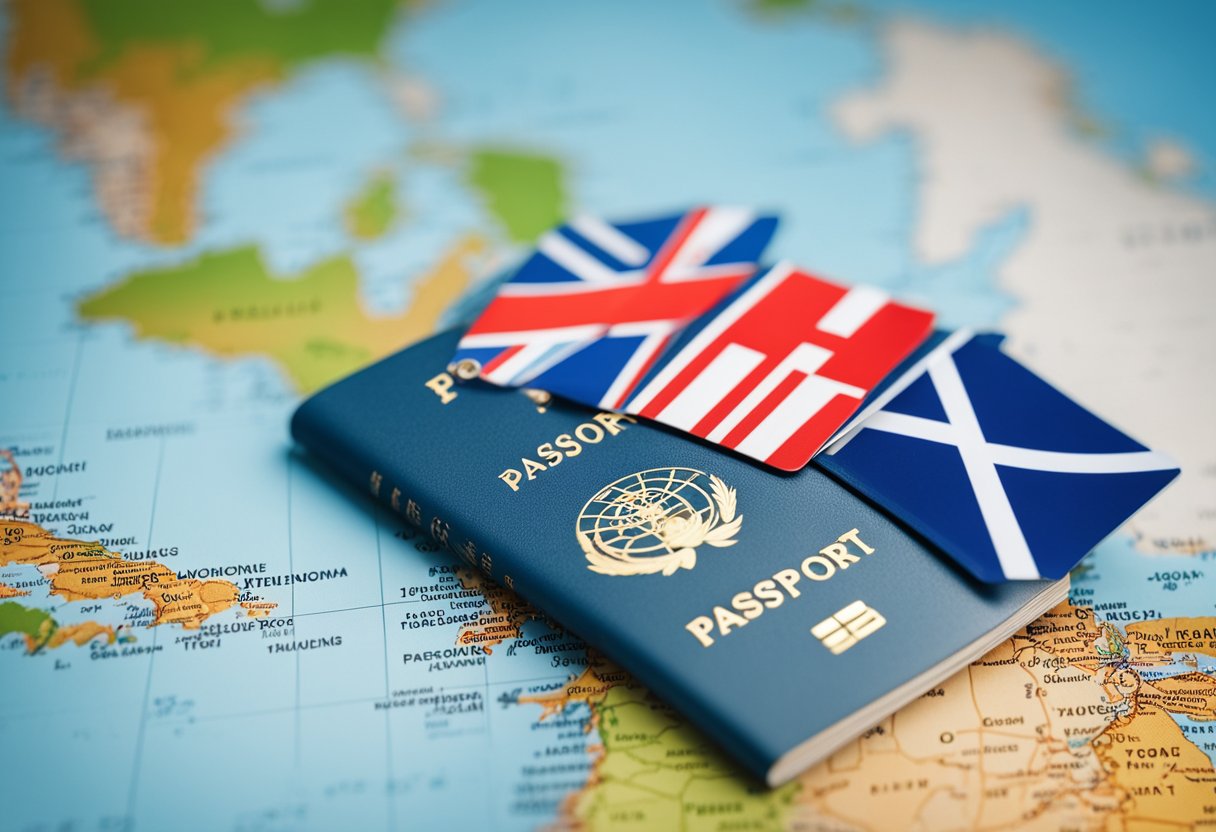 A passport with two different country's flags on the cover, surrounded by travel stamps and a world map in the background