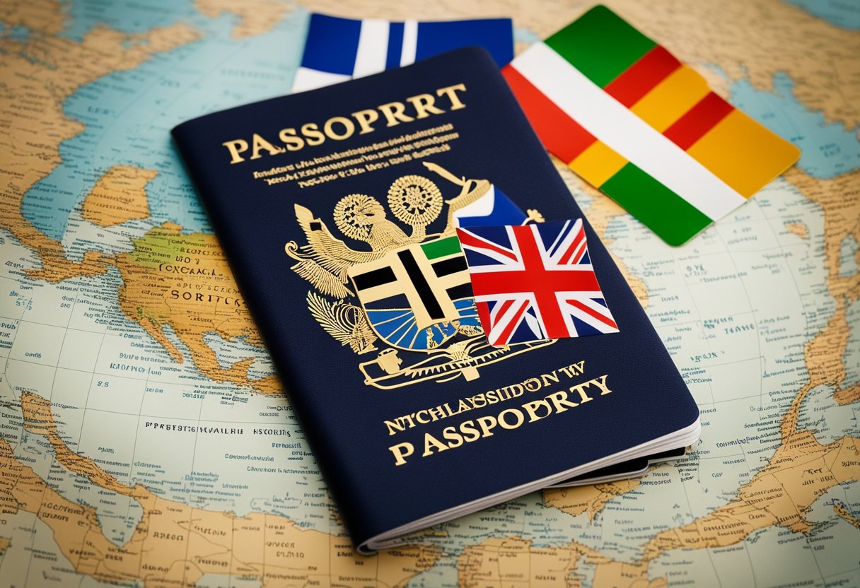 A passport with two different country flags, a globe, and a family tree showing multiple nationalities