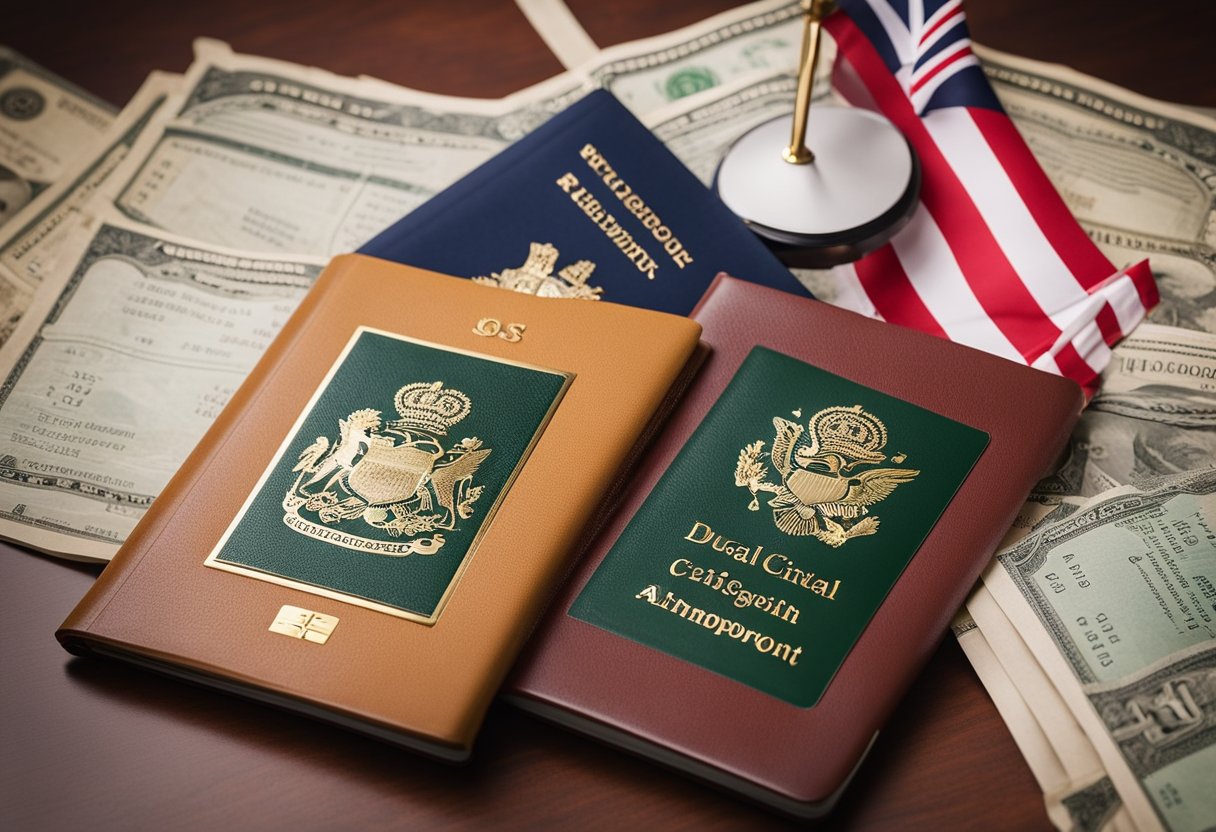 Legal requirements for dual citizenship. A scale balancing two flags, a passport, and legal documents