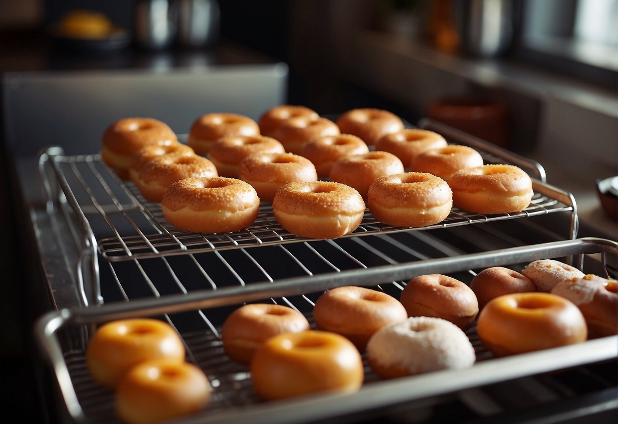 A kitchen counter filled with ingredients and utensils for making butternut donuts. A warm oven and a tray of freshly baked donuts cooling on a wire rack