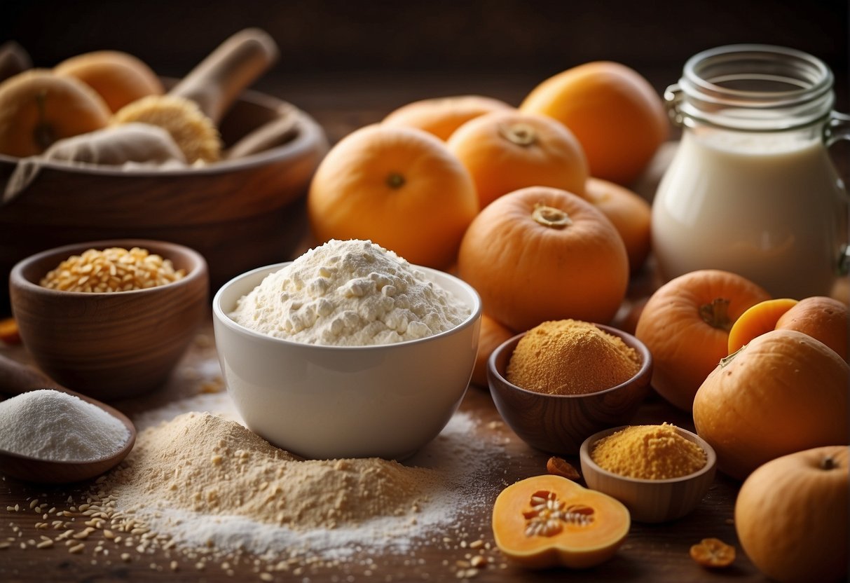 A table with ingredients (flour, butternut, sugar, etc.) and kitchen tools set out for making butternut donuts