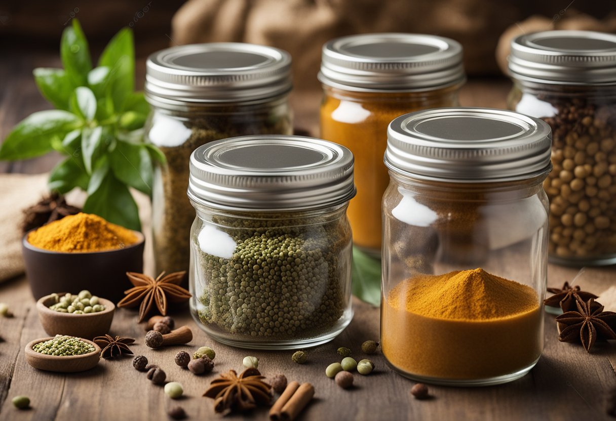 A table with eco-friendly spice packaging: glass jars, recyclable paper labels, and biodegradable seals