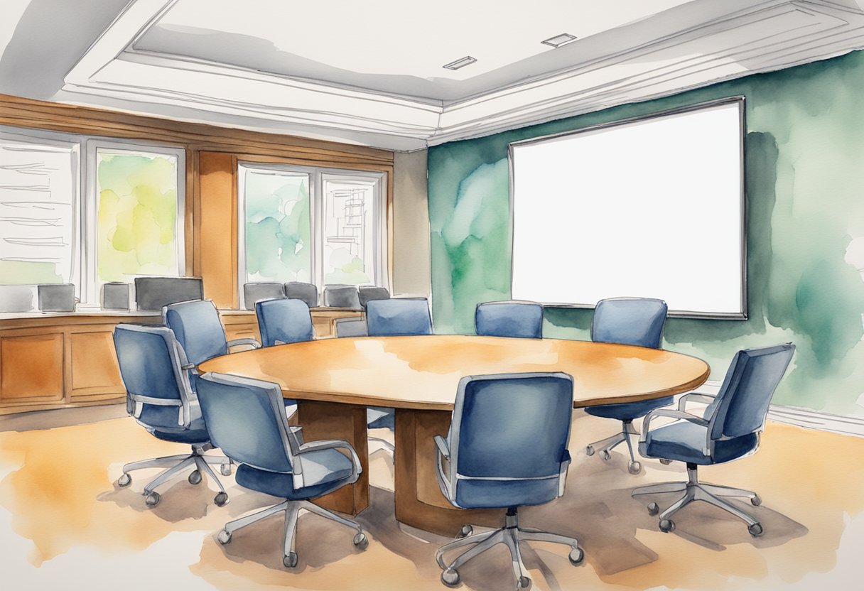 A conference table with chairs, notepads, and pens. A clock on the wall. A whiteboard with bullet points