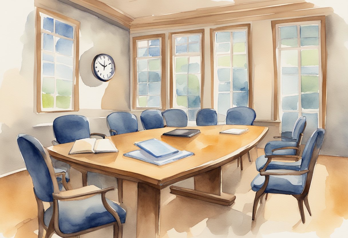 A table with chairs arranged in a meeting room, a notepad, and pen on the table. A clock on the wall showing the time