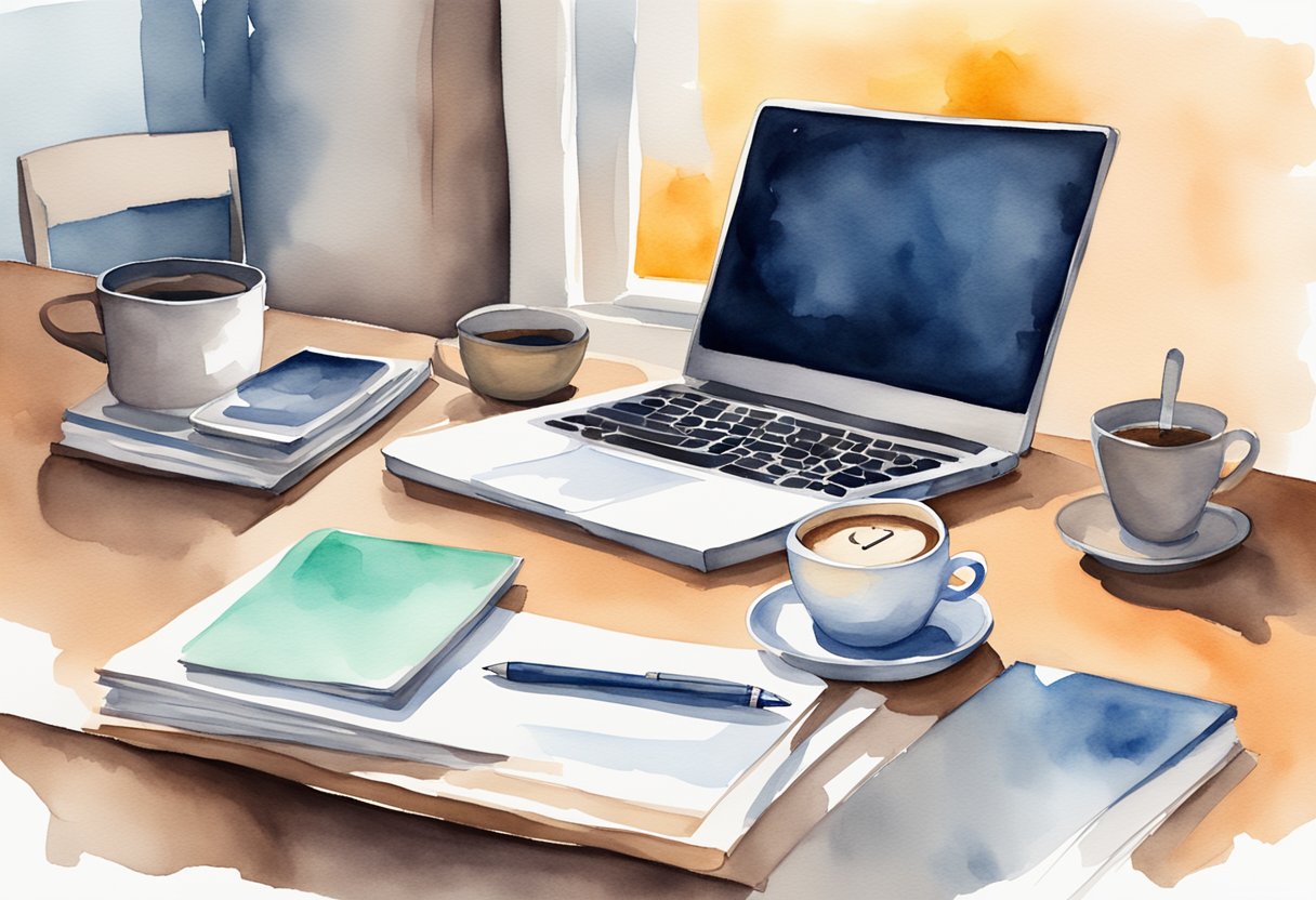 A desk with a laptop, notebook, and pen. A clock on the wall shows the time. A stack of papers and a cup of coffee sit nearby