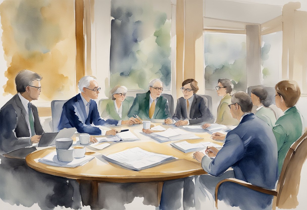 A group of professionals sitting around a table, taking notes and discussing legal and ethical considerations. A document titled "Meeting Minutes" is visible on the table