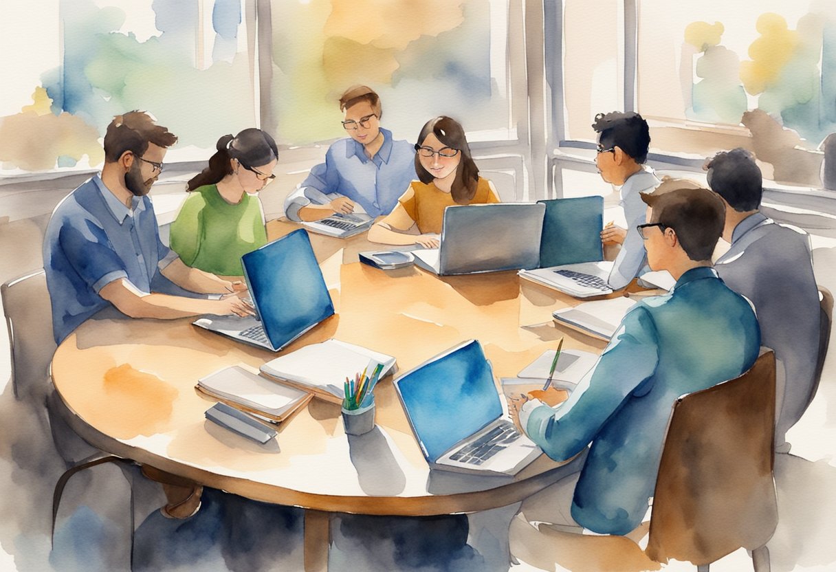 A table with laptops, notepads, and pens. A clock on the wall. People seated around the table, engaged in conversation