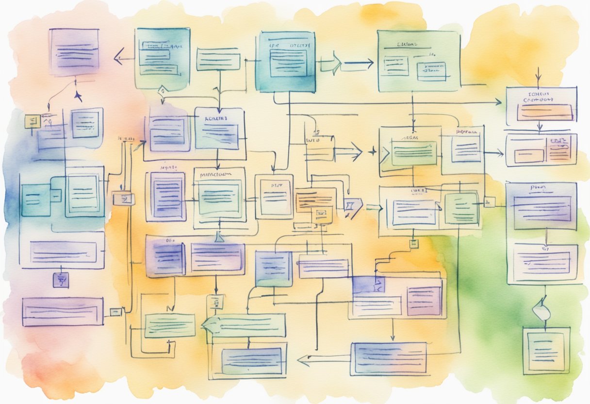 A flowchart with interconnected boxes representing different business processes, accompanied by written documentation and diagrams