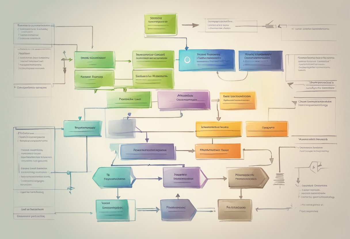 A flowchart of business process documentation, with labeled steps and interconnected arrows, displayed on a computer screen