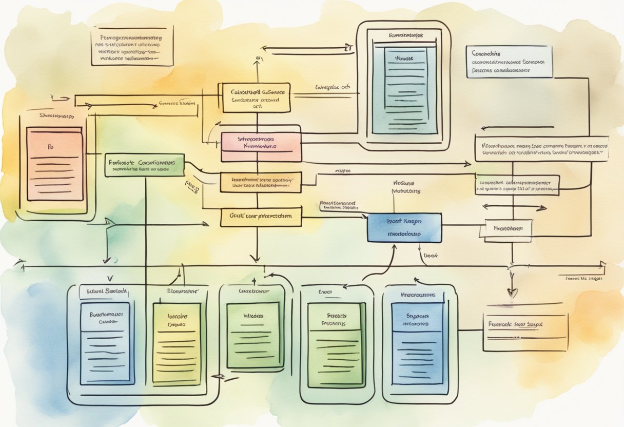 A flowchart with interconnected boxes, arrows, and labels, representing the steps and decisions in a business process documentation workflow