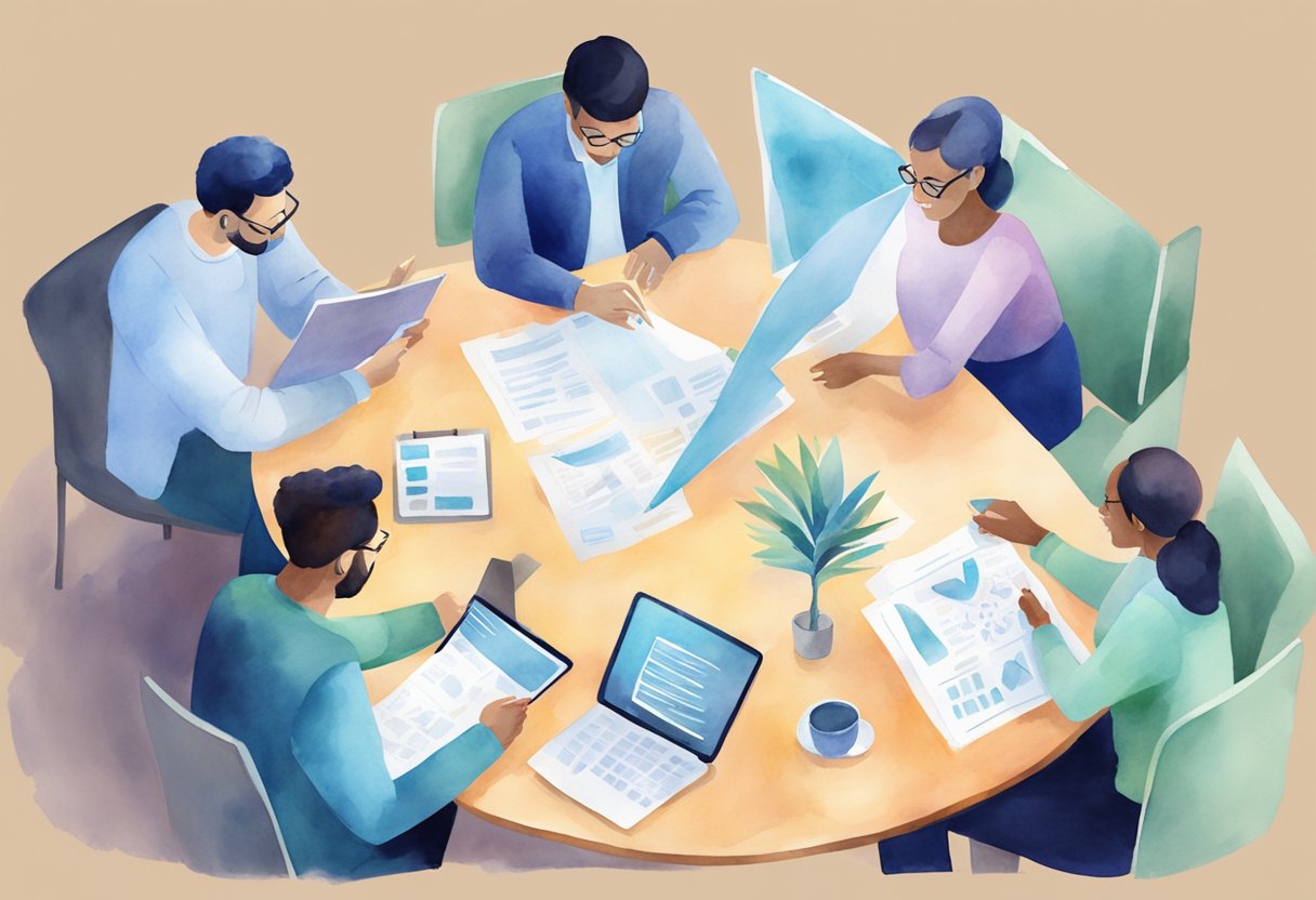 A group of people discussing and sharing ideas around a table with documents and charts, using digital devices to communicate and collaborate