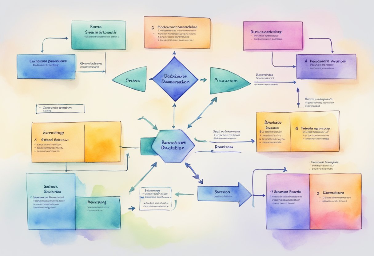 A flowchart depicting the steps of a business process documentation, with arrows and text boxes showing the sequence of actions and decision points