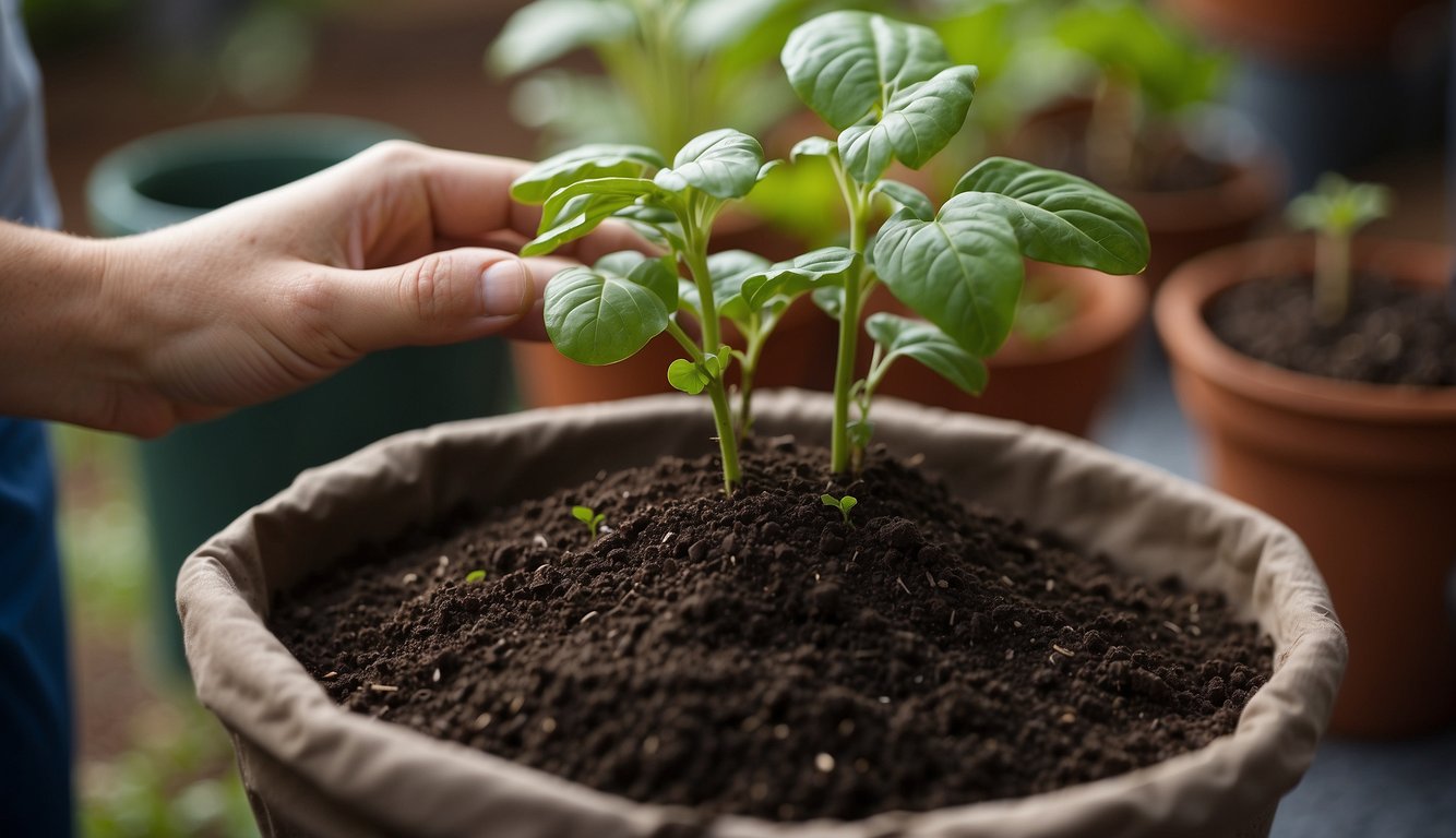 A hand holding a bag of PON soil while repotting a plant into a new pot. The soil is loose and fluffy, with small white particles mixed in
