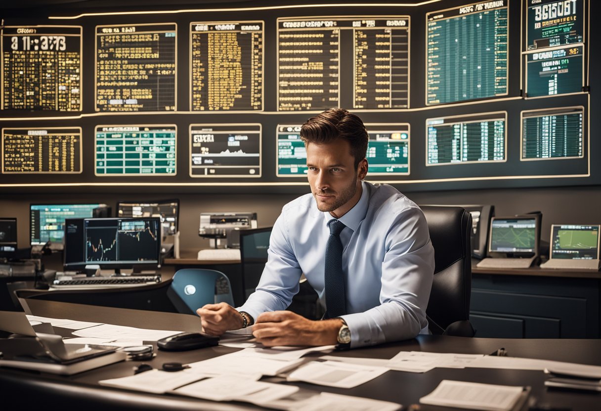 A sports betting analyst crunches numbers at a desk with charts and graphs, surrounded by a computer and a wall of sports memorabilia