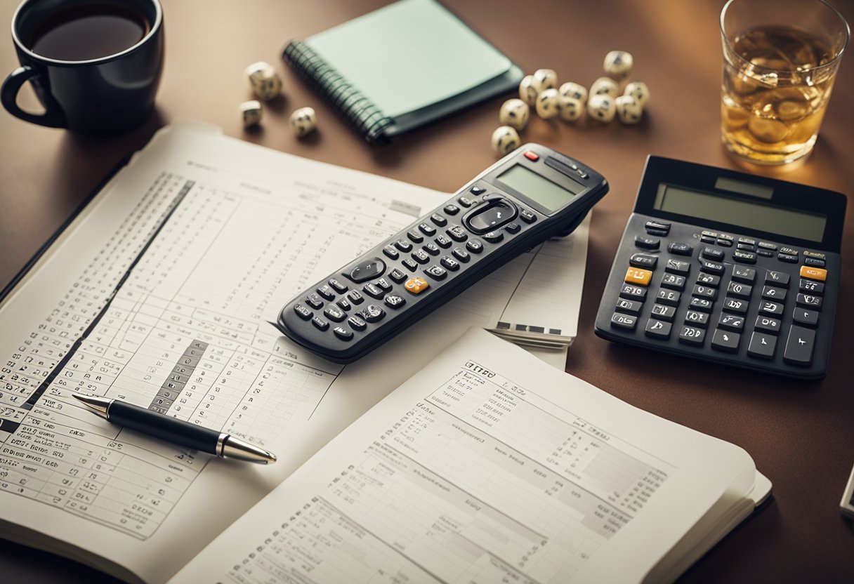 A table with sports betting odds, a calculator, and a notebook for probability analysis