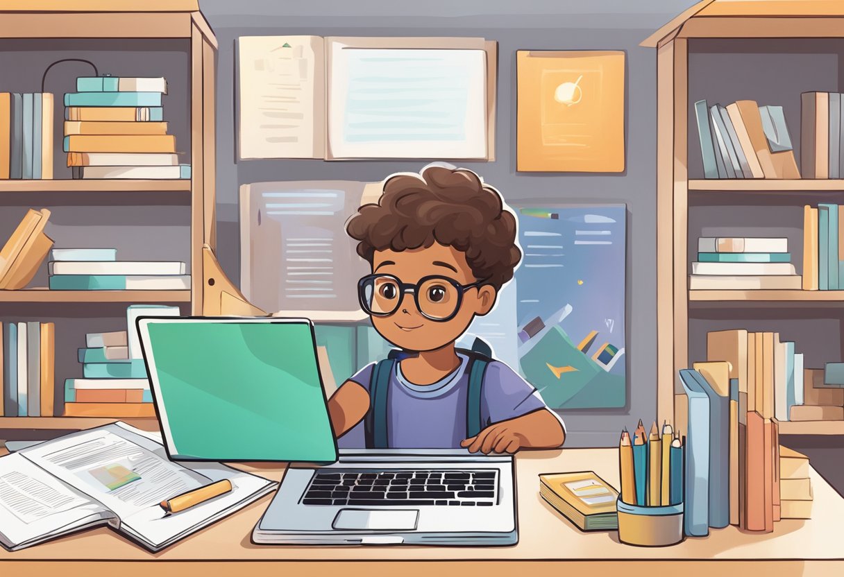 How to Address Concerns About Your Child’s Education: 10 Essential Tips for Parents child's education, concerns LearningMole A child's laptop on a desk, surrounded by educational materials and online platforms. The parent is nearby, looking at a guidebook on how to address concerns about their child's education