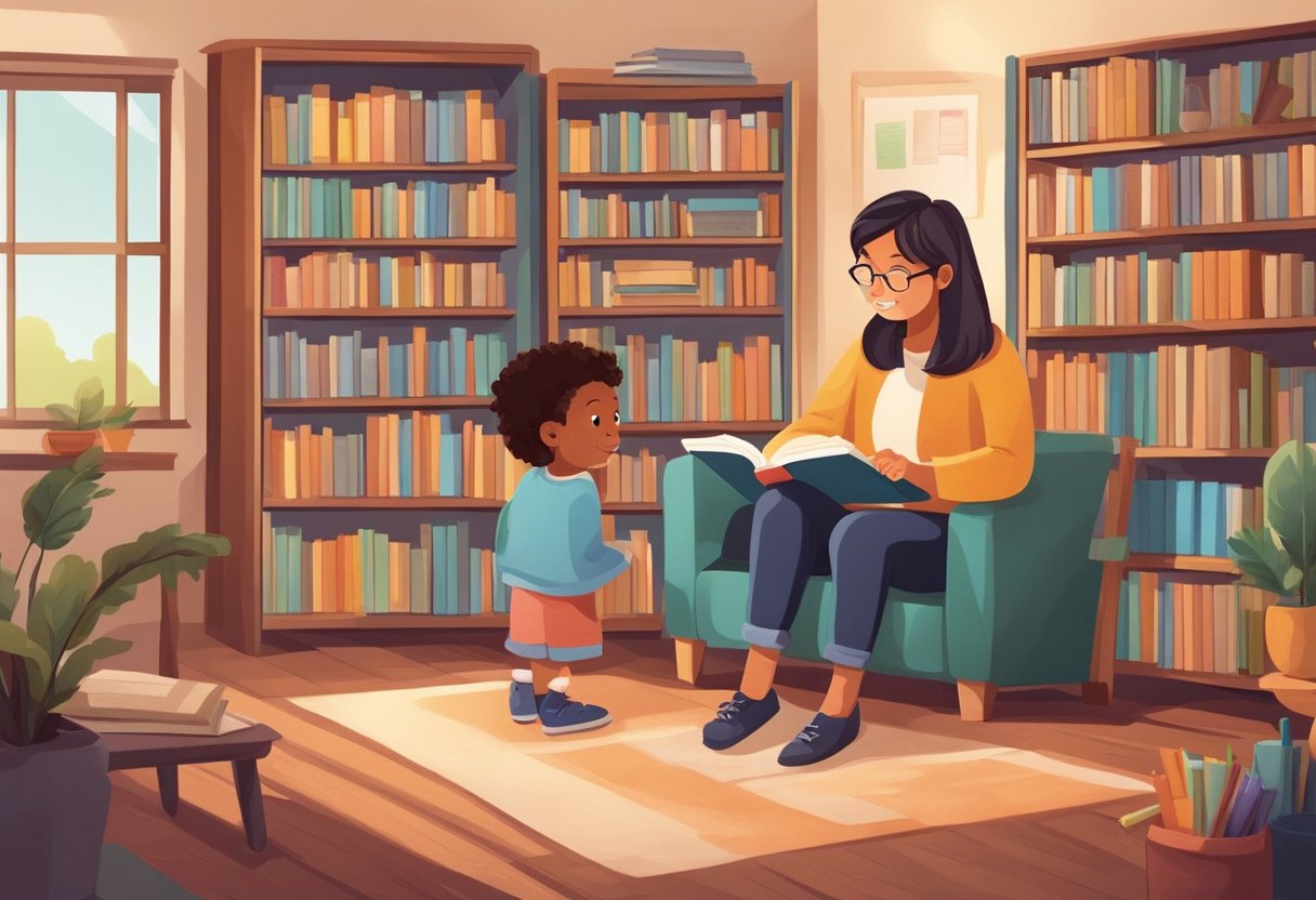 A child's bookshelf with various types of learning materials, a cozy reading nook, and a teacher and parent engaged in a conversation