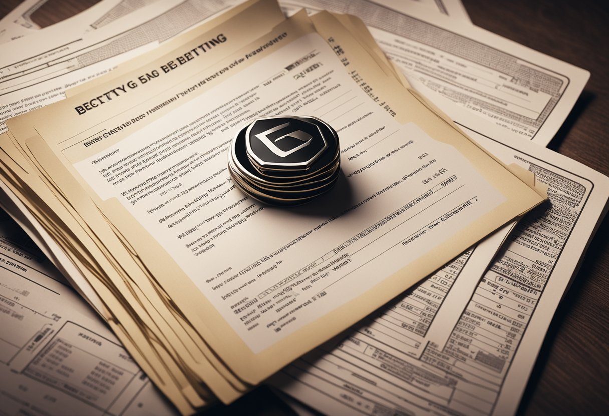 A stack of legal documents surrounded by symbols of online betting, with a shield symbolizing integrity and security