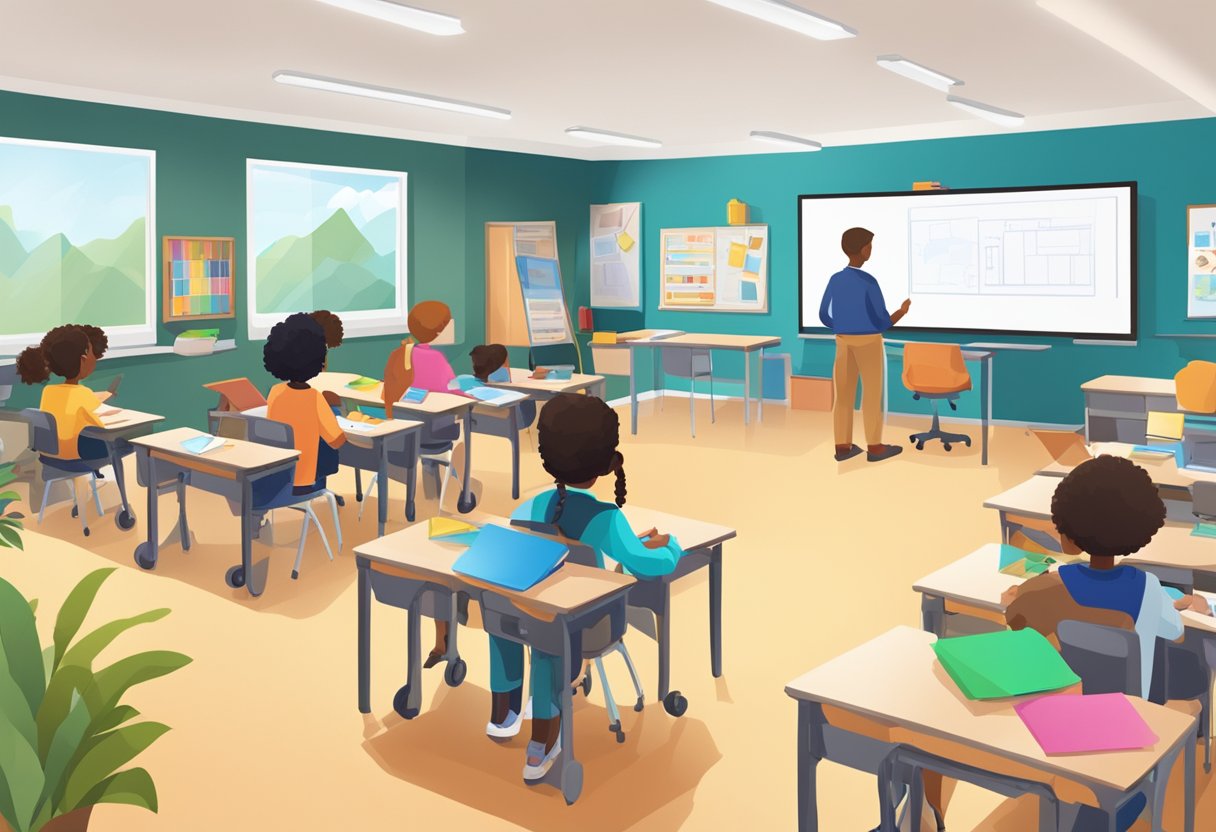 A classroom with visual aids, audio equipment, and hands-on activities for diverse learning styles