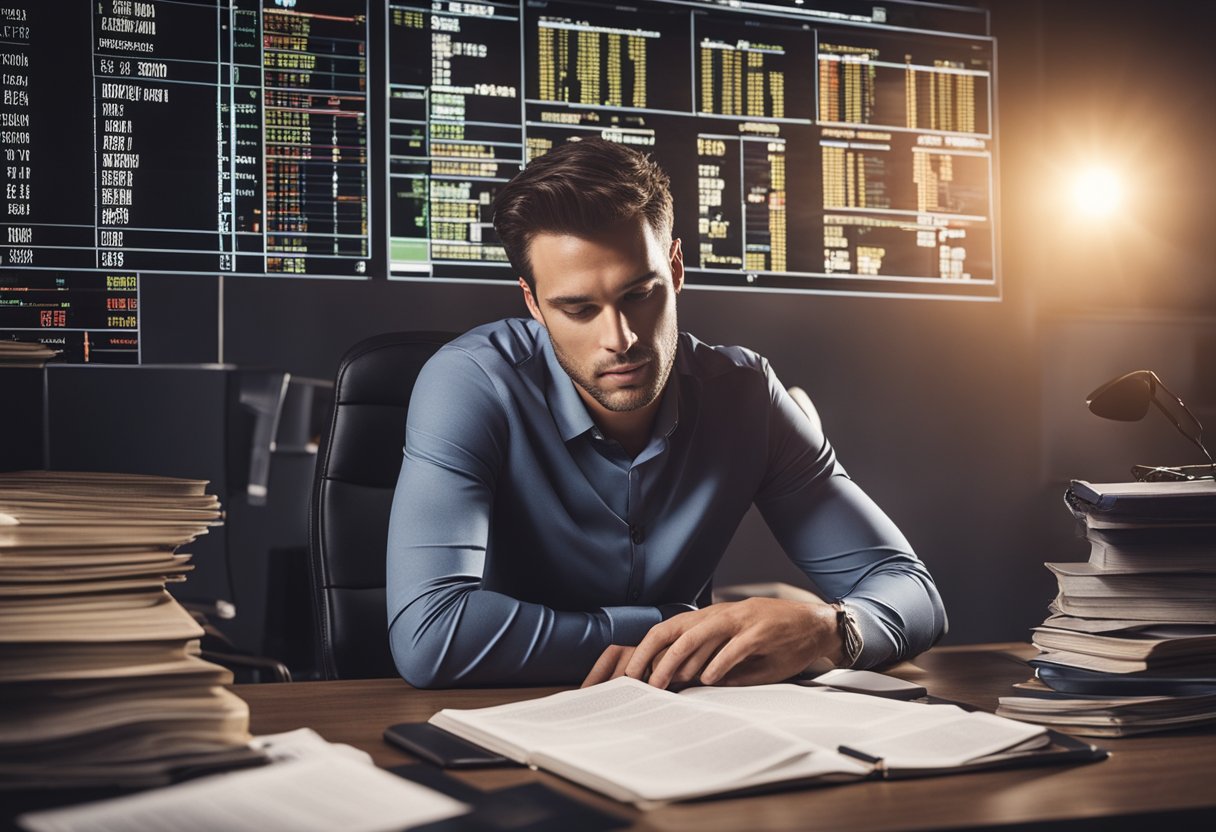 A person studying sports betting psychology, surrounded by books, charts, and a computer, deep in thought