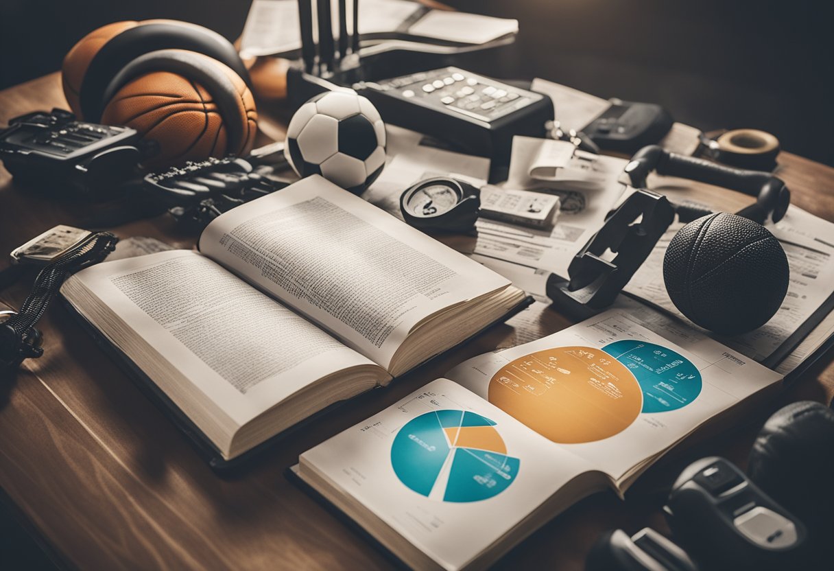 A sports bettor studies psychology books, surrounded by sports equipment and charts