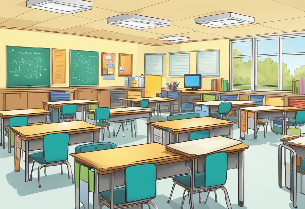A classroom with diverse learning materials and tools, such as books, computers, and art supplies. Bright, welcoming colors and comfortable seating arrangements. A teacher and parent engaged in a positive conversation