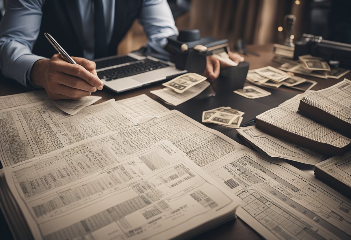 A person analyzing sports betting strategies and planning, surrounded by psychology books and charts