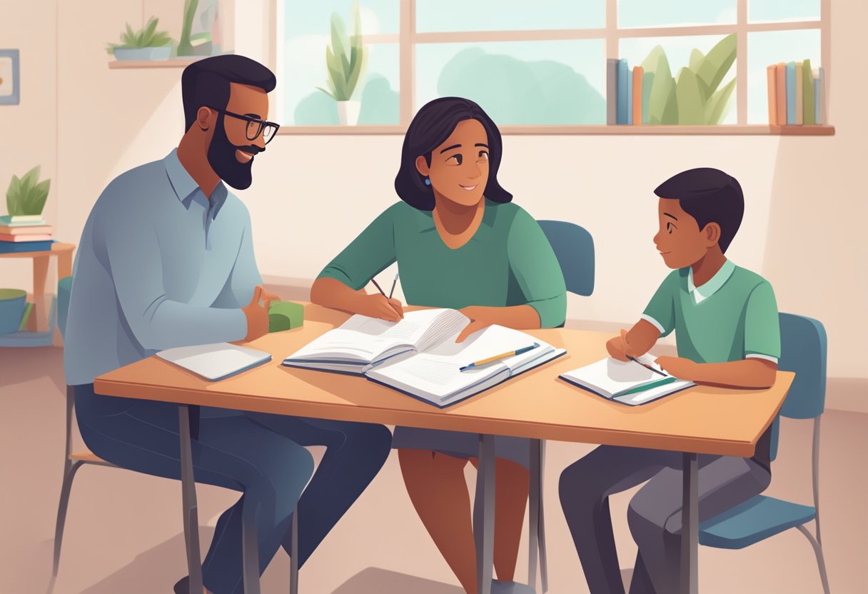 A parent and a teacher sitting at a table, engaged in a respectful and open conversation about understanding and respecting a child's learning style