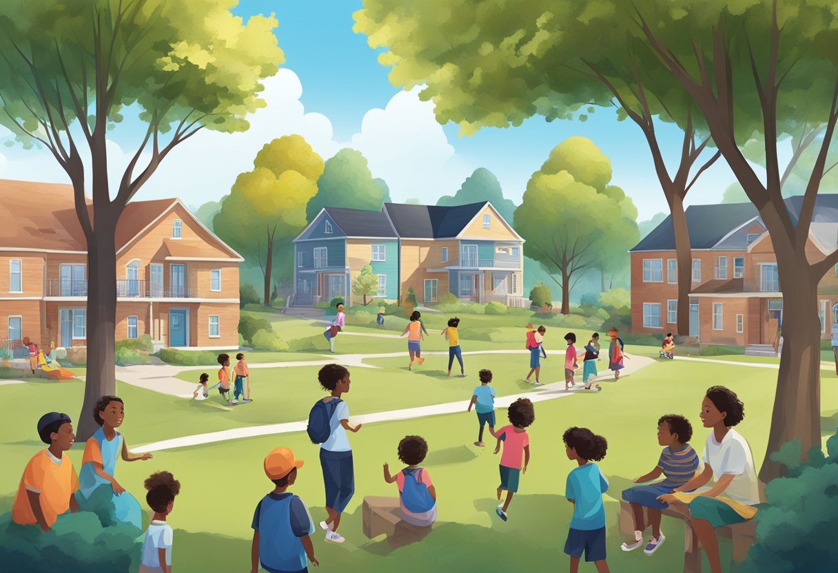 A diverse group of houses surrounded by trees, with children playing and adults engaging in conversation. A school and a community center are visible in the background