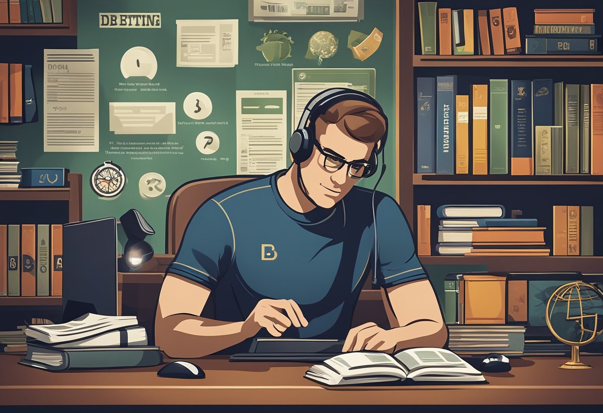 The scene depicts a person studying psychology of sports betting, with a focus on mental health. The setting could include a bookshelf filled with psychology books, a desk with research materials, and a computer displaying sports betting websites