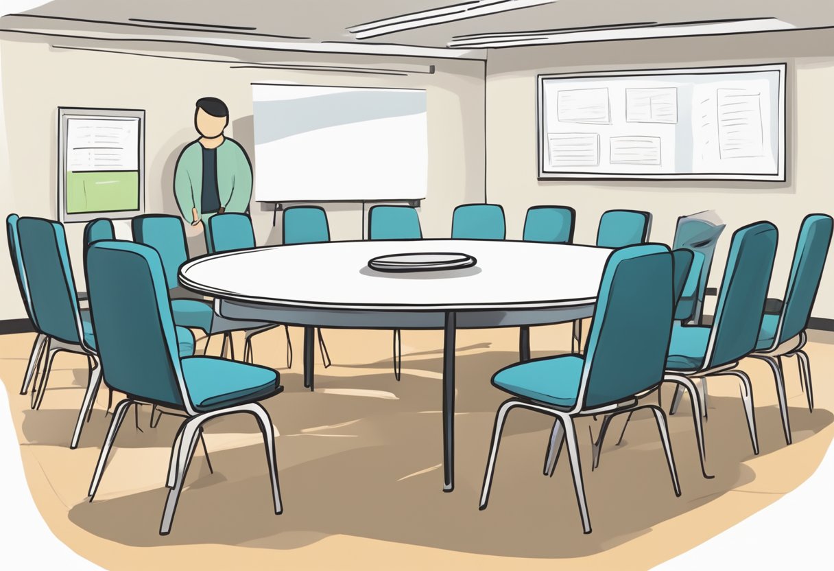 A table with chairs arranged in a circle, a whiteboard with bullet points, and a calm, respectful atmosphere