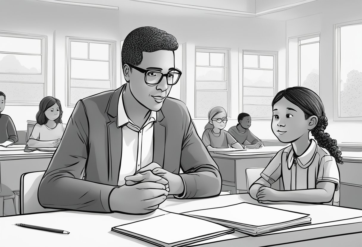 A teacher and a parent sit at a table, engaged in a constructive dialogue. They are both actively listening and sharing their perspectives, working together to address any concerns and monitor the progress of the child