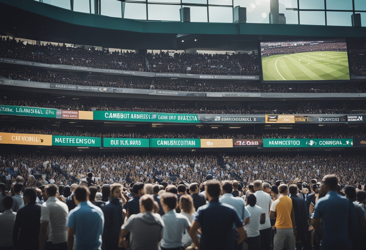 A crowded sports stadium with a small booth labeled "cambista" surrounded by eager bettors and a chalkboard displaying odds