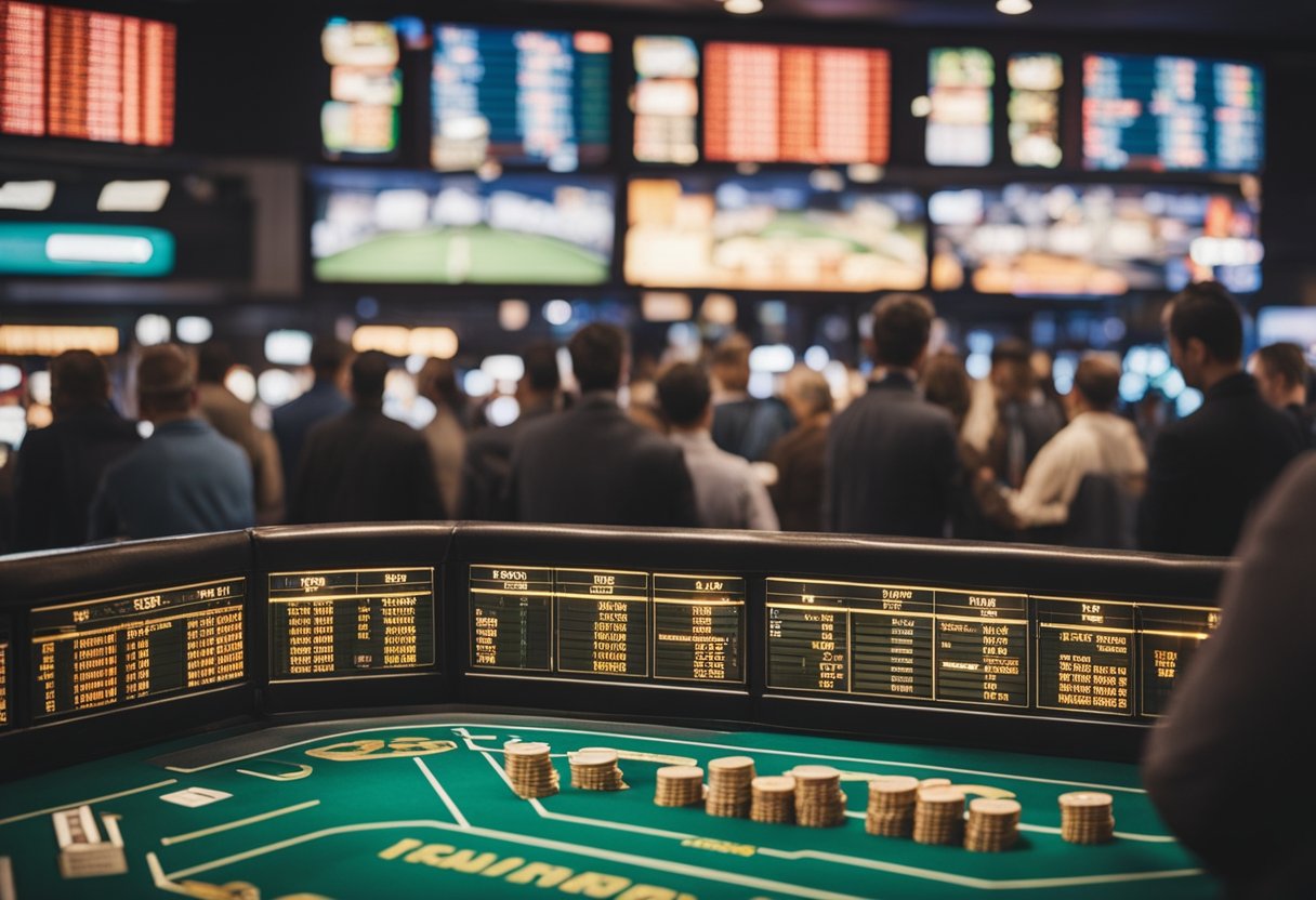 A crowded sports betting venue with a bustling atmosphere and people exchanging money for betting slips