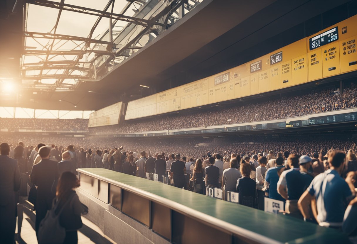 A crowded sports stadium with a line of people at a ticket booth, exchanging money for betting slips. The atmosphere is lively and filled with excitement