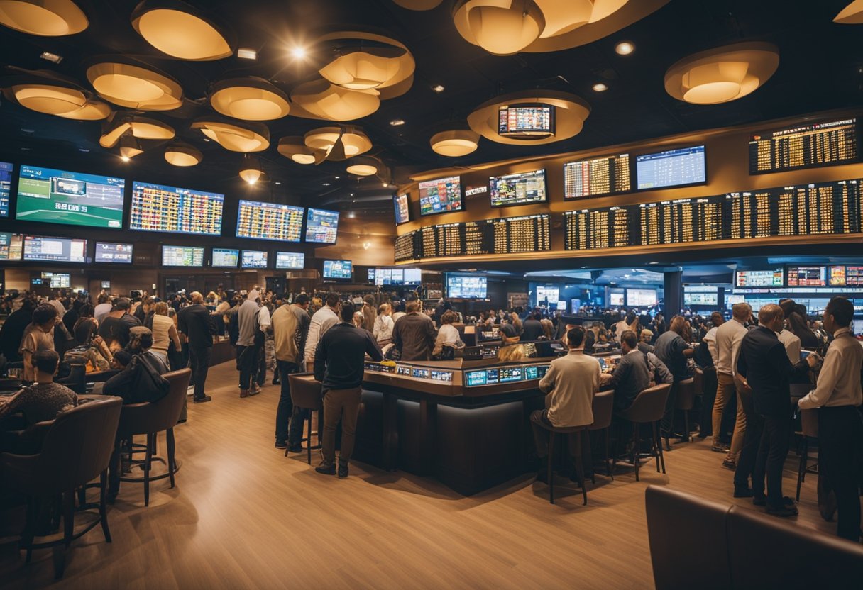 A crowded sports betting venue with a bustling cambista booth at the center, surrounded by eager bettors and a lively atmosphere