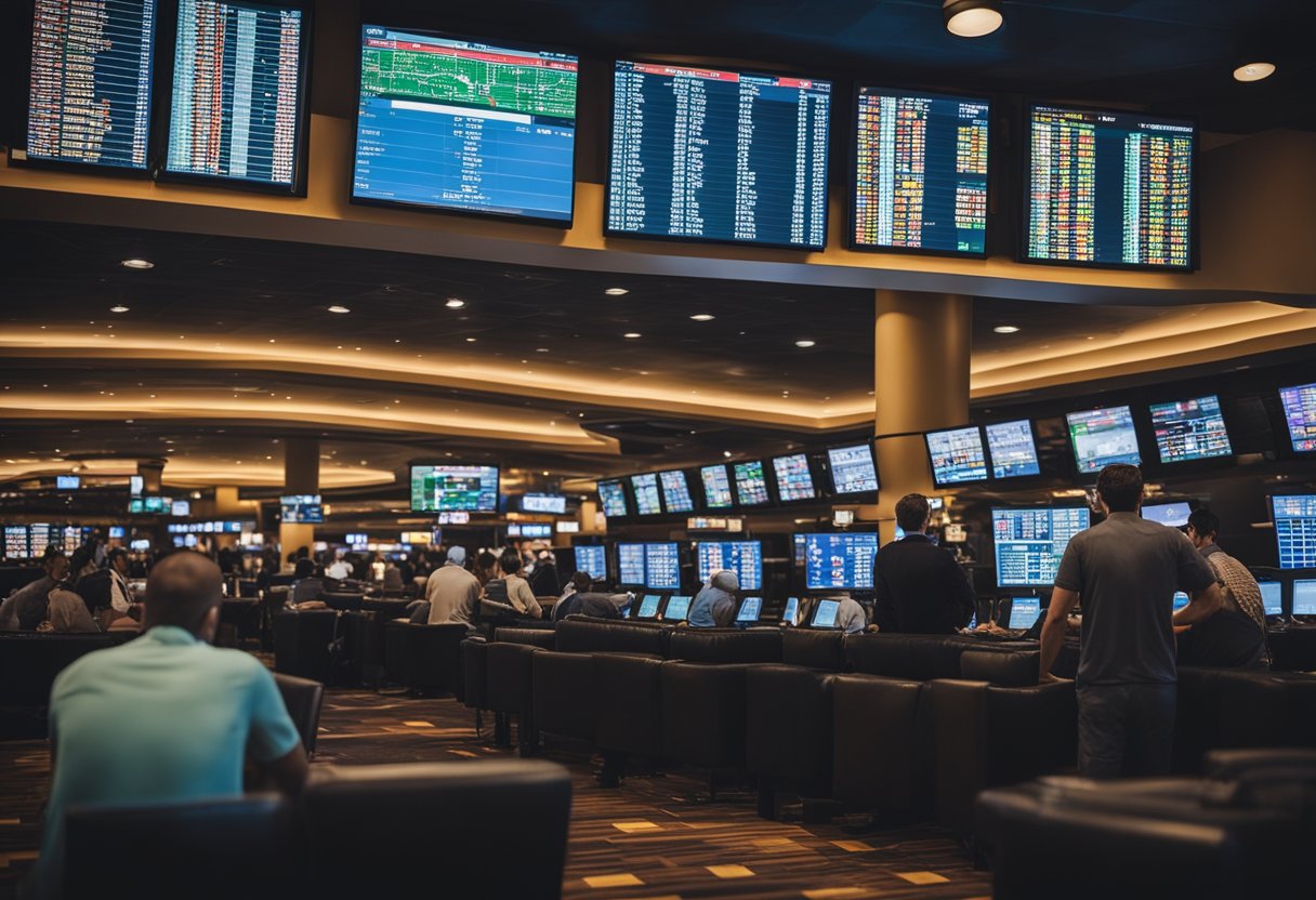 A bustling sportsbook with diverse bettors, screens showing odds, and a cambista processing wagers