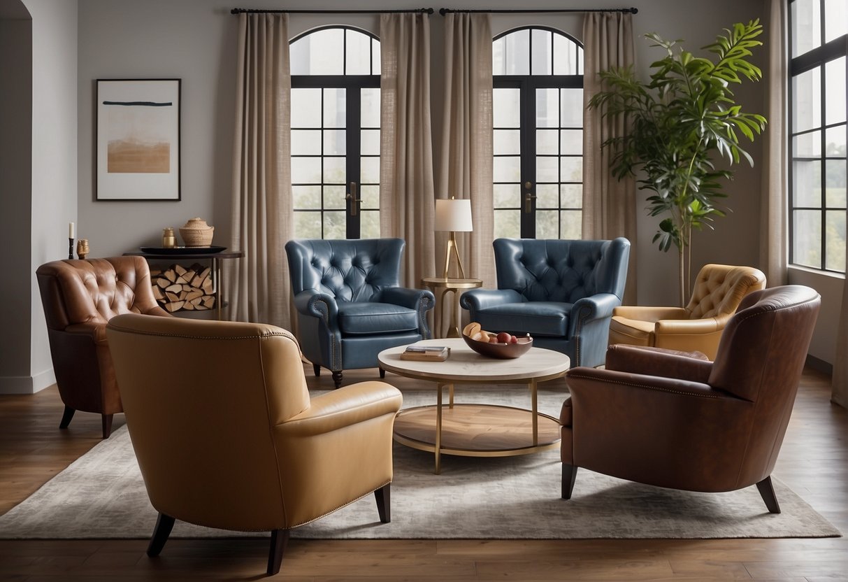 Various types of armchairs arranged in a spacious living room, with different styles and colors, including leather, fabric, and reclining options
