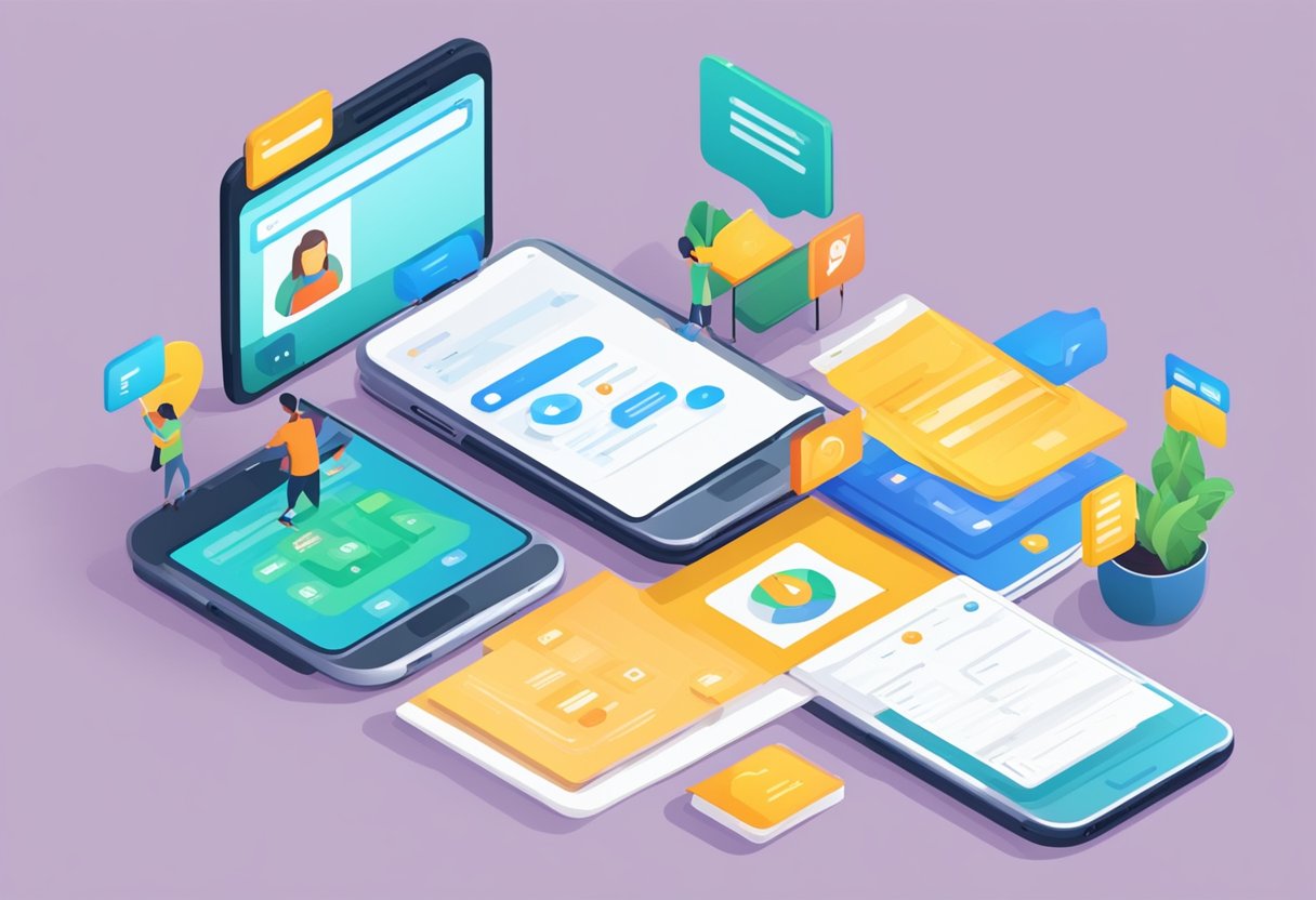 A smartphone displaying a messaging app with a conversation between a parent and a teacher. A computer with a school portal open, showing grades and assignments