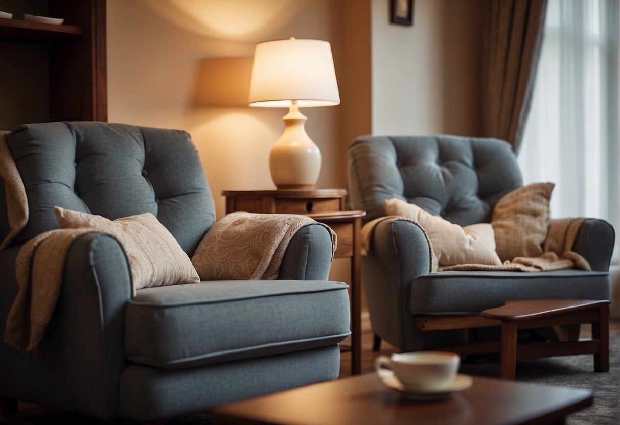 Elderly-friendly armchairs in a cozy living room with soft cushions and sturdy armrests. Warm lighting and a side table with a cup of tea