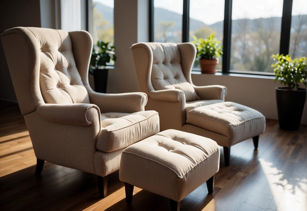 Two comfortable armchairs with supportive cushions and armrests, designed for elderly individuals. The chairs are placed in a well-lit and spacious living room