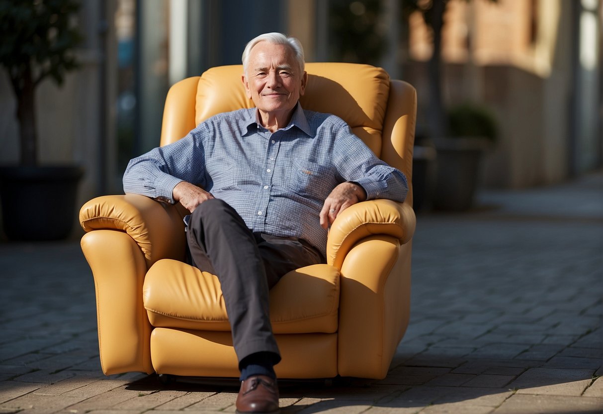 An elderly person sitting comfortably in a cushioned armchair, surrounded by helpful and accessible features such as side pockets for storage and easy-to-reach armrests