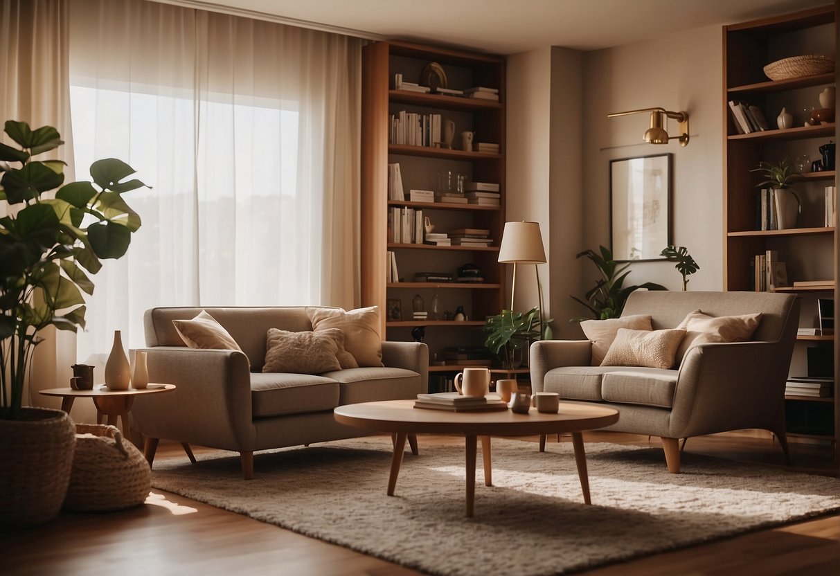 A cozy living room with small armchairs, a side table, and a bookshelf. Warm lighting and a rug complete the inviting space