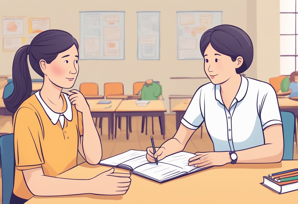 A non-English speaking parent sits with a teacher, using visual aids and gestures to communicate. The teacher speaks slowly and uses simple language, ensuring understanding