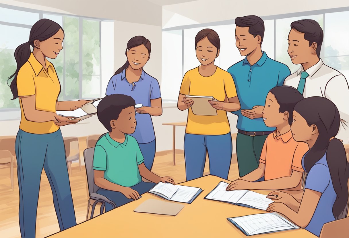 Non-English speaking parents and teachers using interpreters and visual aids to communicate effectively