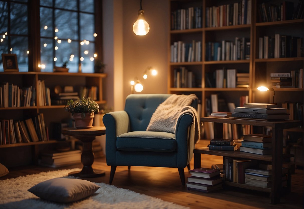 A small space with a cozy armchair surrounded by books and a warm lamp