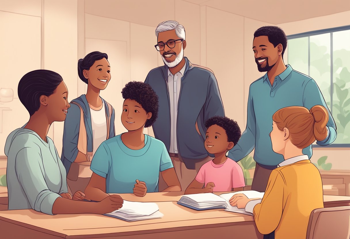 A group of diverse parents and teachers communicate through interpreters, while respecting privacy and regulations