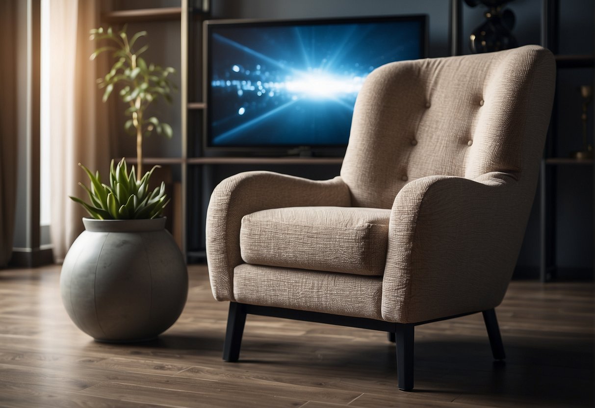 A cozy armchair with a sleek, modern design, positioned in front of a large television screen