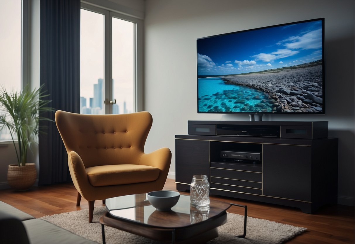 A comfortable armchair facing a large, high-definition TV, with a side table holding a remote control and a drink